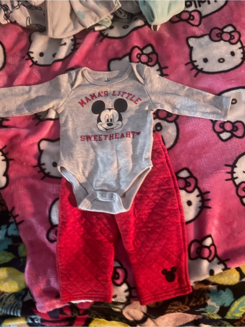 Disney Gray Mickey 'Mama's Little Sweetheart' Bodysuit with Red Quilted Pants